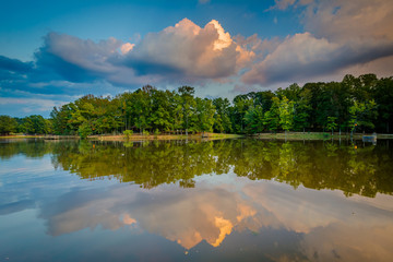 Lake at sunset, at Park Road Park, in Charlotte, North Carolina.