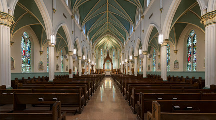 Panoramic view of the interior of the St. Louis Bertrand Catholic Church in Louisville, Kentucky