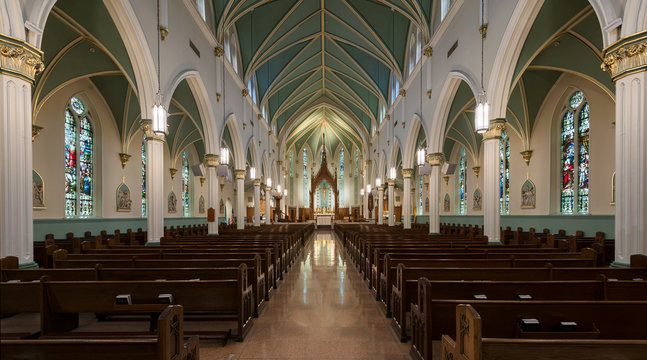Panoramic view of the interior of the St. Louis Bertrand Catholic Church in Louisville, Kentucky