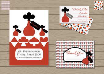 Drink me Bottle. Set Collection of Invitation card, Thank you Note, Business Card Wonderland. Printable Vector Illustration for Graphic Projects, Parties, Web, Celebrations. Wooden Background Texture.