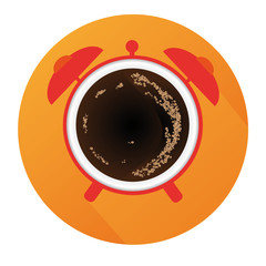 Vector Flat Alarm Clock With Coffee And Long Shadow And Orange Background