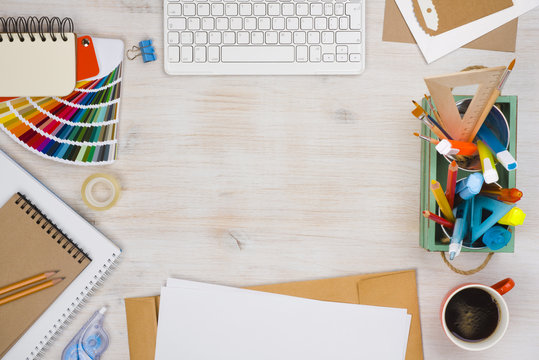 Conceptual image of graphic designer workplace, top view