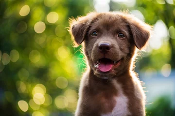 Fototapete Hund Porträt des braunen Welpen mit Bokeh-Hintergrund