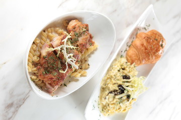 chicken steak scrambled egg and bread