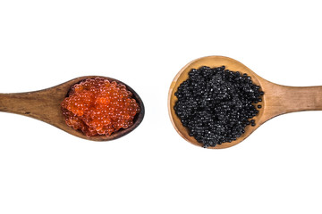 black and red caviar isolated on white background, close up, top view