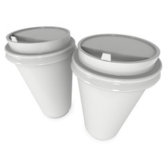 Disposable coffee cups. Blank paper mug with plastic cap. 3d render isolated on white background