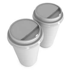 Disposable coffee cups. Blank paper mug with plastic cap. 3d render isolated on white background