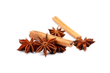 Fragrant anise and cinnamon isolated on white background