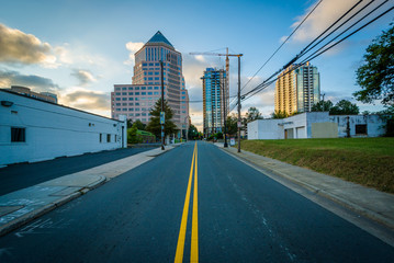 Street and modern buildings at sunset, in Uptown Charlotte, Nort
