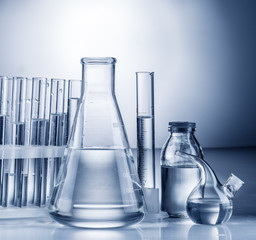 Different laboratory beakers and glassware.