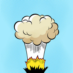 Cloud after the Boom. Comic book explosion on halftone pixel blue background