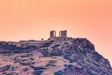 The sunrise at the temple of Poseidon in Sounio, Greece