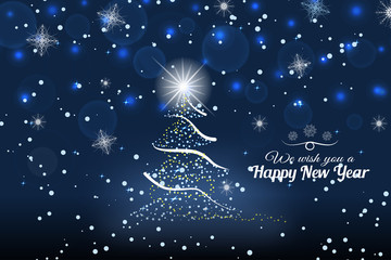 Vector Wishing you a Happy New Year abstract dark blue background with christmas tree, snow, waves and snowflakes.