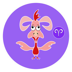 Zodiac sign Aries. Red rooster. Greeting card background poster. Horoscope. Blue background.