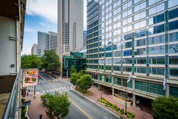 View of modern buildings and intersection in Uptown Charlotte, N