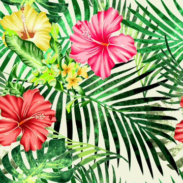 Tropical plants flowers seamless pattern