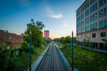 View of railroad tracks at sunset, in Charlotte, North Carolina.