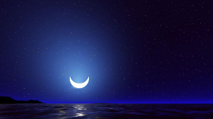 Vector night sky with ocean, moon stars background
