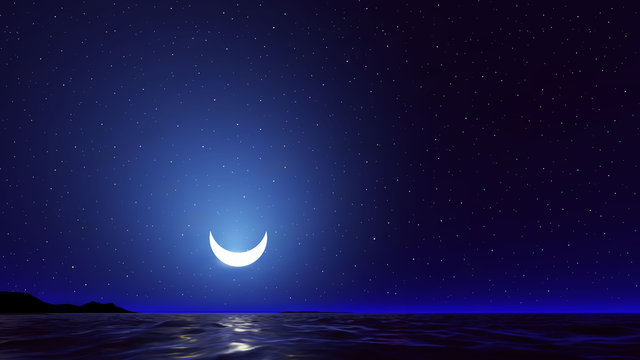 Vector night sky with ocean, moon stars background