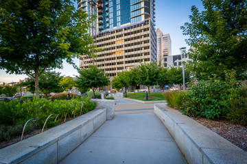 Walkway and buildings seen at Romare Bearden Park, in Uptown Cha