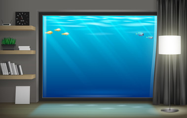 Interior underwater hotel with panoramic window. Vector graphics. Transparent glass