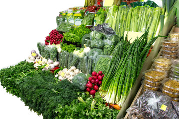 greens and garlic on the shelves