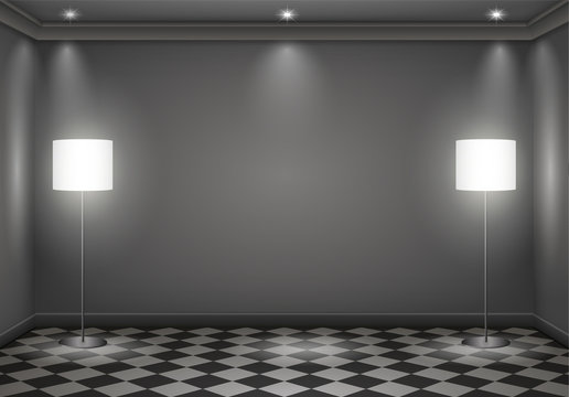 The interior of a dark room with lamps. Vector graphics