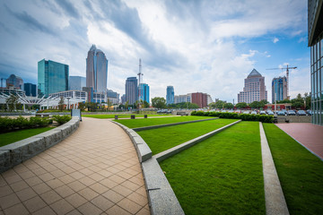 Walkways and view of the Uptown skyline, at First Ward Park in U