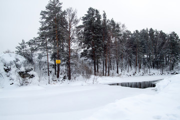 The frozen winter lake in the forest