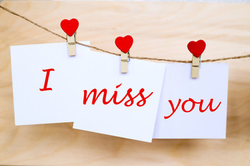 Miss you text on stickers hanging on heart shape pins