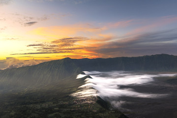 Sunrise at Mount Bromo volcano, the magnificent view of Mt. Bromo located in Bromo Tengger Semeru National Park, East Java, Indonesia.