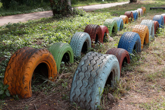 Coloured old tires in the playground