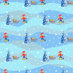 Vector illustration seamless background happy children with sled and gifts walking outdoor.