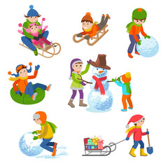 Vector illustration of children playing in the street in winter. Kids sculpts snowman, riding the hills on sleds, tubing, .
