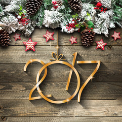 2017 New Year  Frame with green pine, colorful baubles and stars