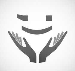 Isolated hands offering  a wink text face emoticon
