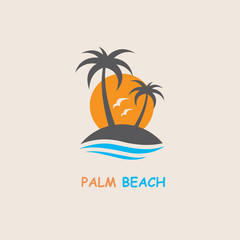 Fototapeta premium illustration of label with palm tree silhouette on island