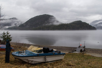 Scandinavian views of the lake, mountains, fog, nature
