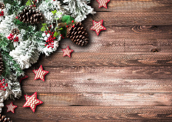 Merry Christmas Frame with green pine, colorful baubles and stars