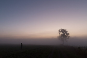 Person Standing Alone In The Misty Field