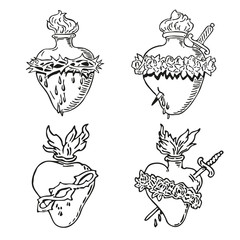 Set Heart of Blessed Virgin Mary tattoo illustration design