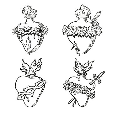 Naklejka Set Heart of Blessed Virgin Mary tattoo illustration design