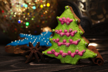 Christmas still life with gingerbreads and spice.