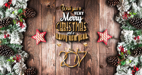 2017 New Year  Frame with green pine, colorful baubles and stars