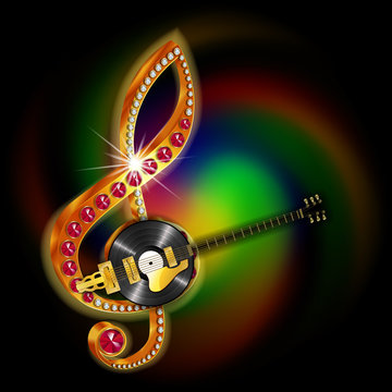 Bright glowing musical string jazz guitar and vinyl records, treble clef with precious stones. Image executed with a black background and can be used with any text or image.