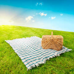 Picnic blanket and basket in a sunlit grassy meadow