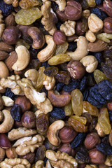 Background mix of nuts and raisins shot close-up