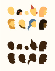 set - silhouette of head - people, withe and black female, male, muslim, beard mustache, bald undercut hairstyles, girl, boy, clown, teen, baby, logo, sign on the door a public toilet, profile -