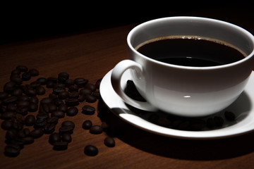 cup of coffee and beans on the table