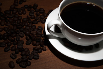 cup of coffee and beans on the table